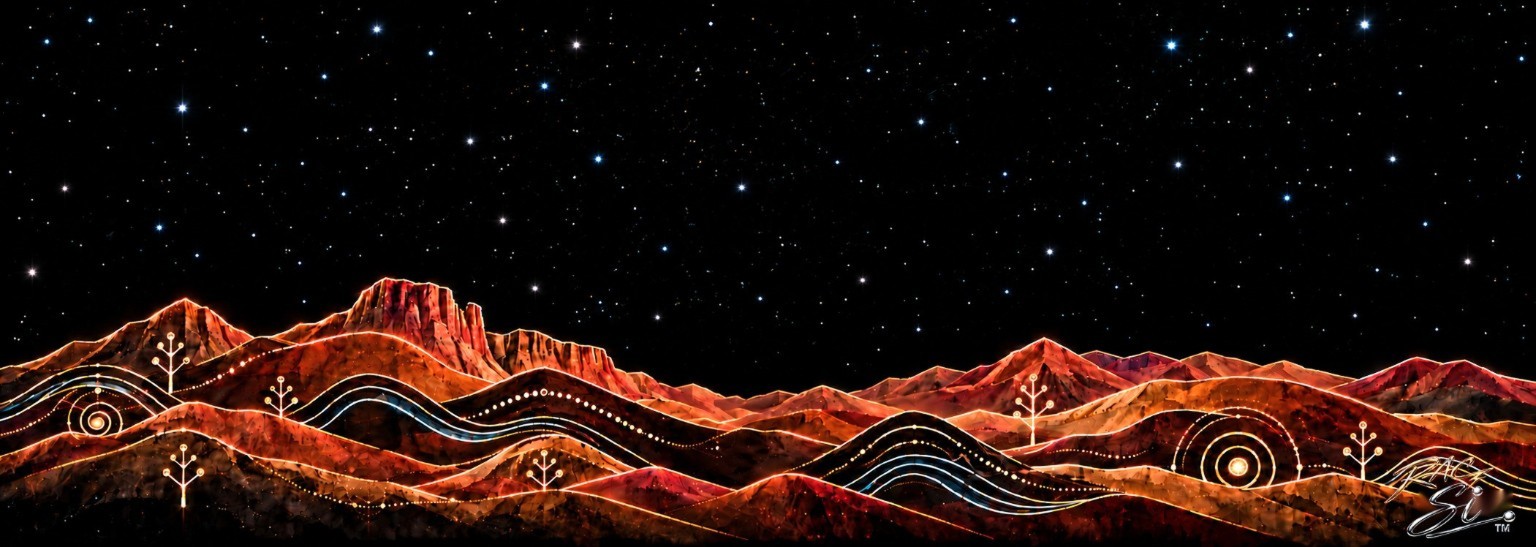 Desert Stars panoramic Southwestern mountain artwork beneath a deep field of stars