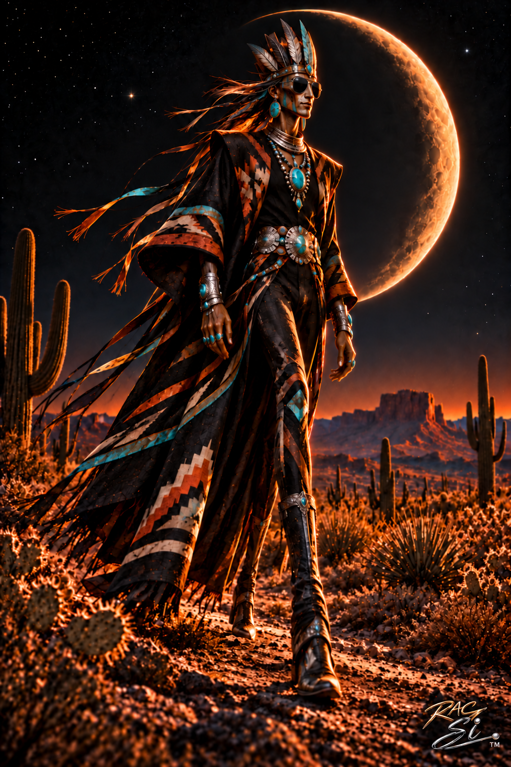 An elongated desert fashion figure in silver, turquoise, and sunglasses beneath a crescent moon
